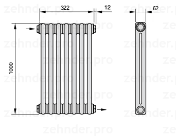 Схема (чертеж) Радиатор Zehnder Charleston 2100/7 №1670 Белый глянцевый RAL 9016